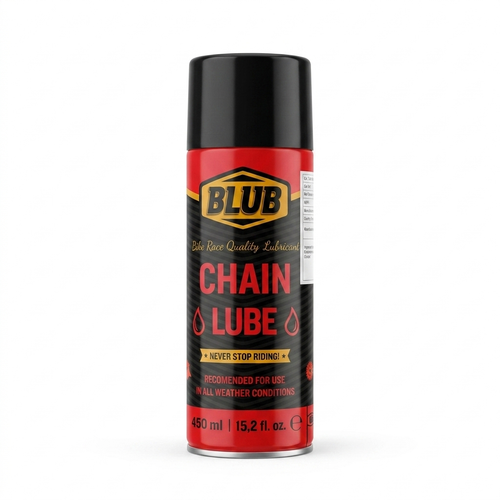 BLUB All Weather Chain Lube 450ml aerosol spray can with red, black, and gold branding on a clean white background