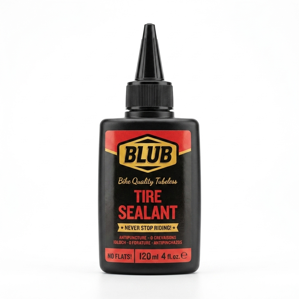 BLUB Bike Quality Tubeless Tire Sealant 120ml black bottle with red, gold, and black labeling highlighting anti-puncture and no flats features