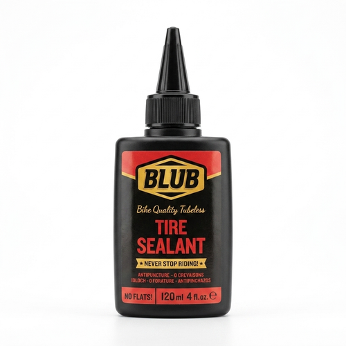 BLUB Bike Quality Tubeless Tire Sealant 120ml black bottle with red, gold, and black labeling highlighting anti-puncture and no flats features