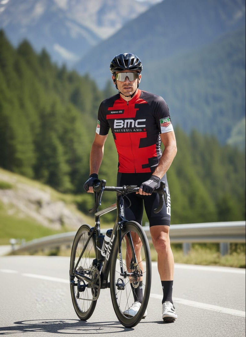 Rear view of a man modeling the BMC Switzerland cycling jersey showing the three elastic pockets and the clean red and black block graphic design.