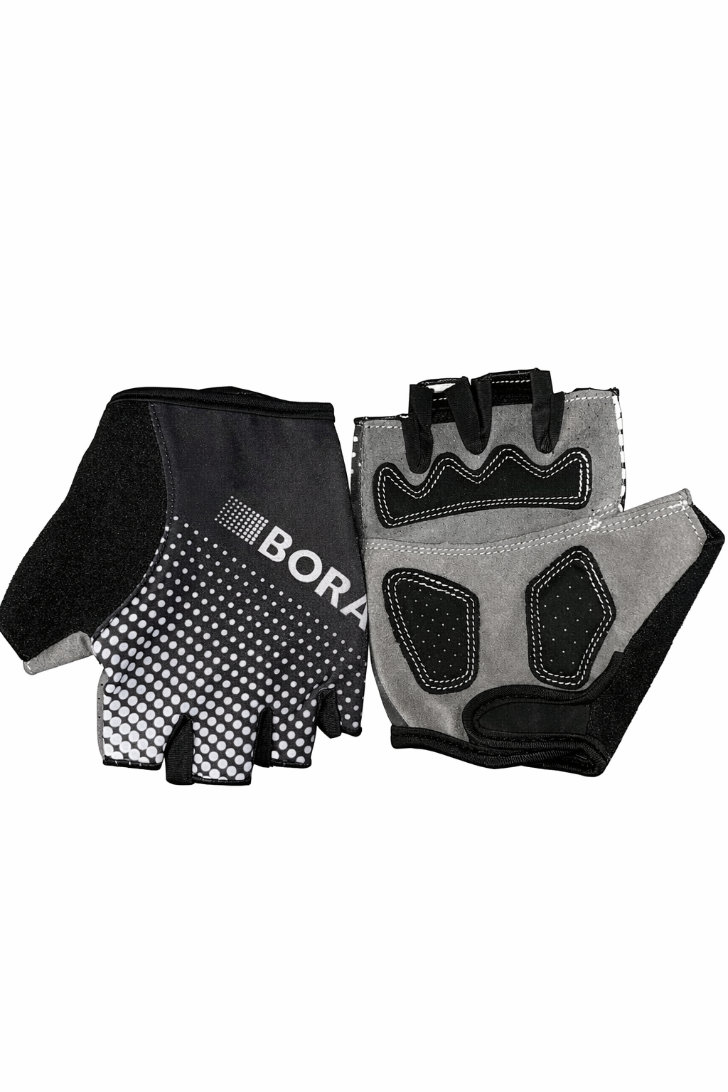Bora-half-finger-cycling-gloves-with-black-white-dot-matrix-back-and-grey-gel-padded-palm