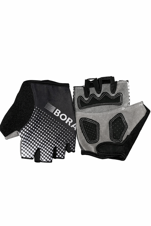 Bora-half-finger-cycling-gloves-with-black-white-dot-matrix-back-and-grey-gel-padded-palm