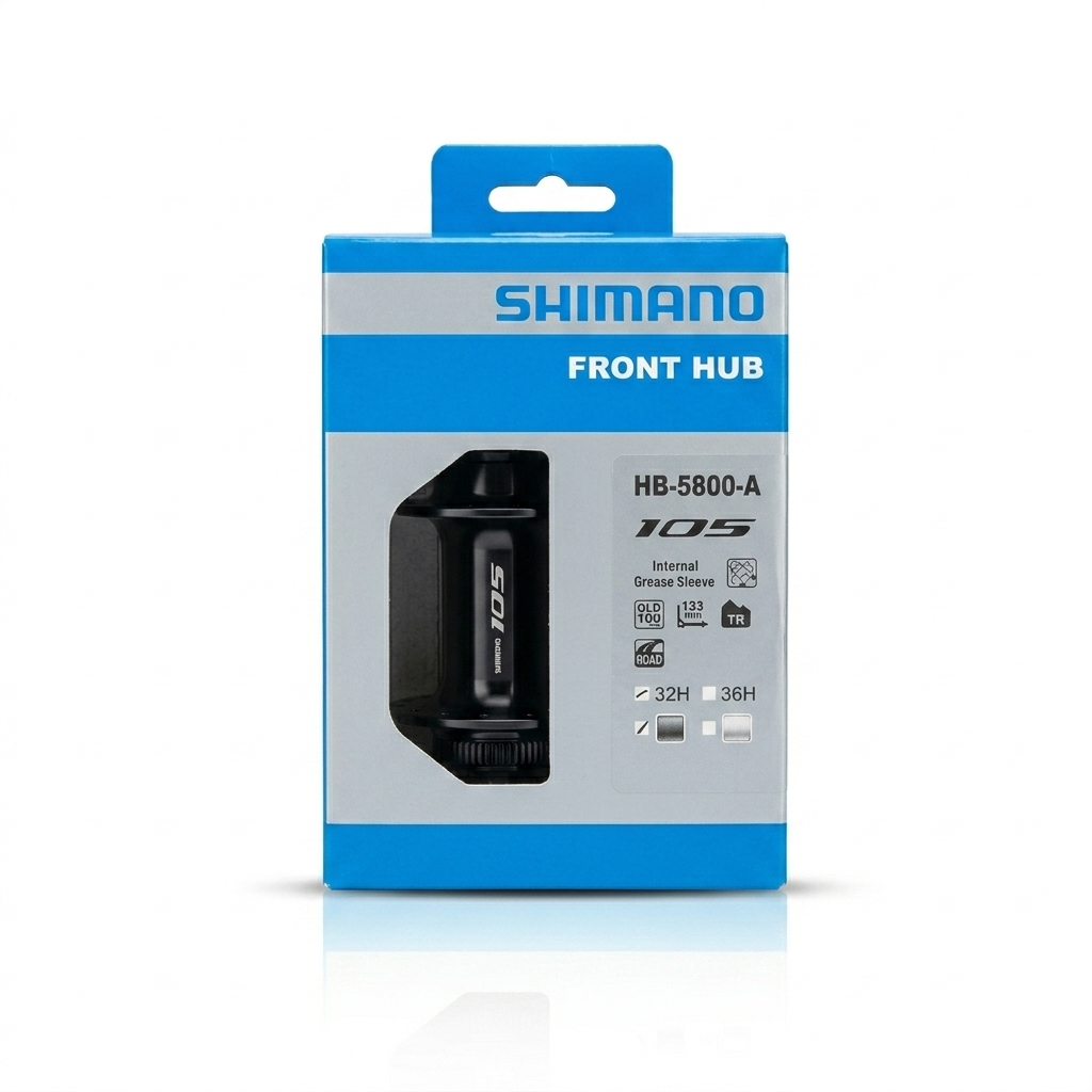 Shimano 105 HB-5800-A road bike front hub in black, packaged in its original blue and silver retail box showing product specifications