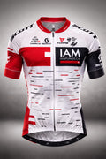 Front view of the IAM Cycling Team short sleeve jersey in white, red, and black, featuring Scott, Cuore, and IAM Funds branding with a full-length zipper.