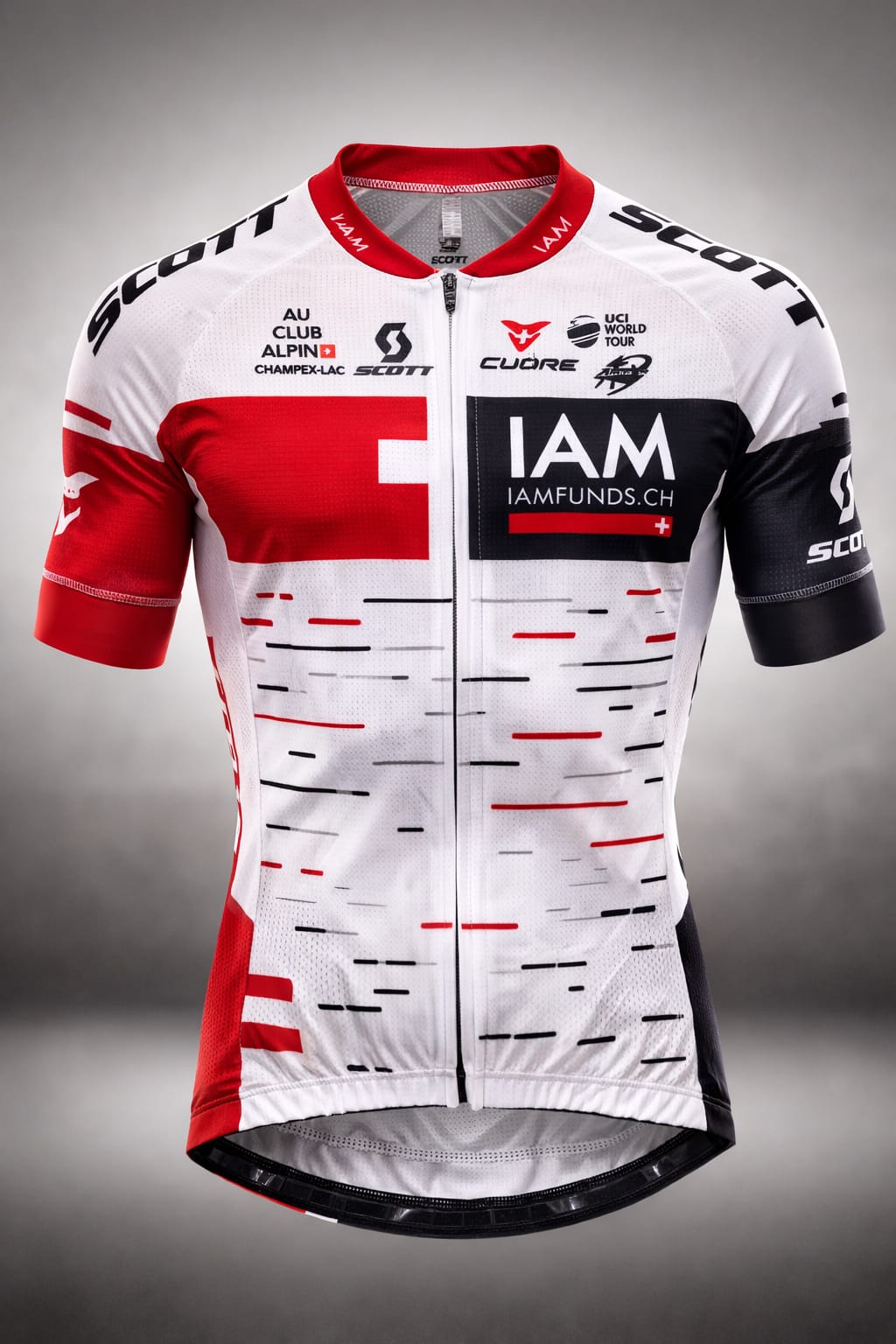 Front view of the IAM Cycling Team short sleeve jersey in white, red, and black, featuring Scott, Cuore, and IAM Funds branding with a full-length zipper.