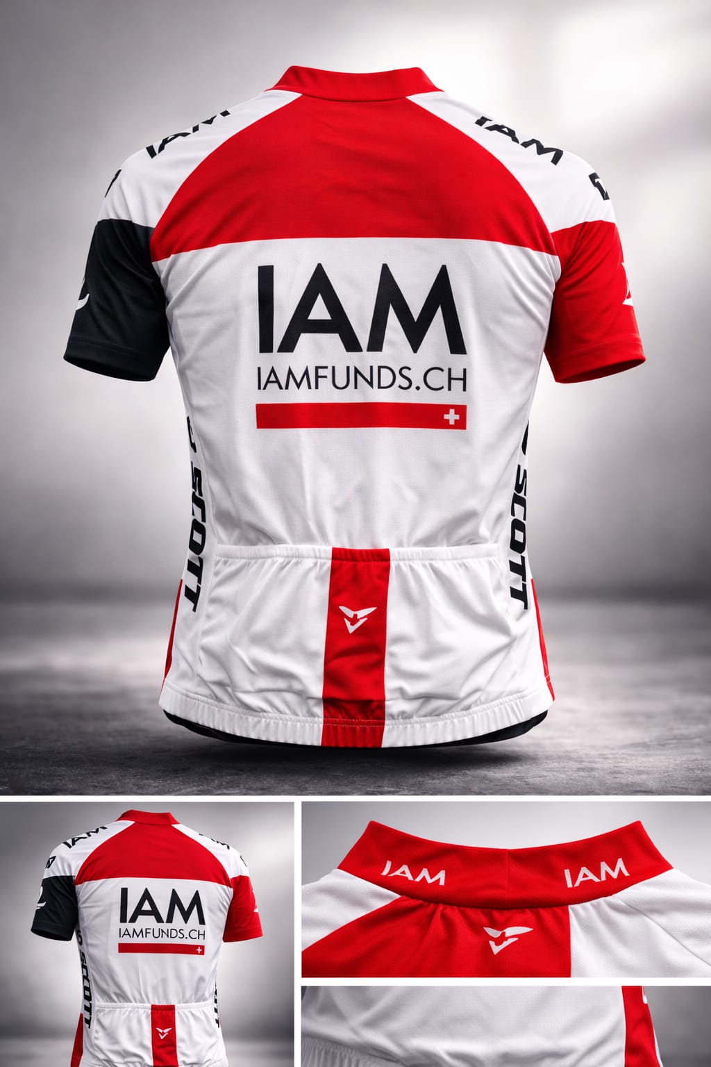 Back view of the IAM Cycling Team jersey showcasing three rear pockets, bold red and white paneling, and the IAMFUNDS.CH sponsor logo.