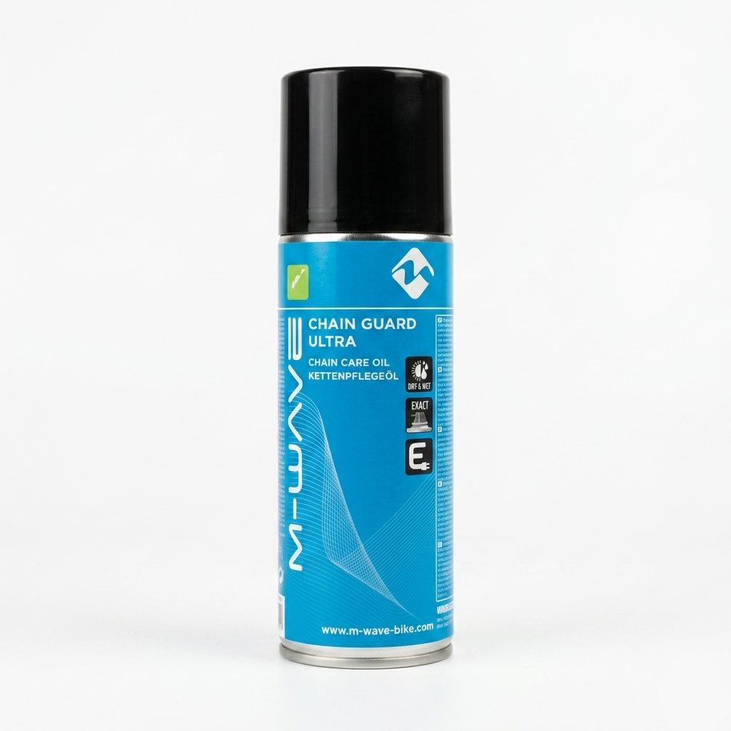 M-Wave Chain Guard Ultra bicycle chain care oil aerosol spray can in blue and white packaging with black cap