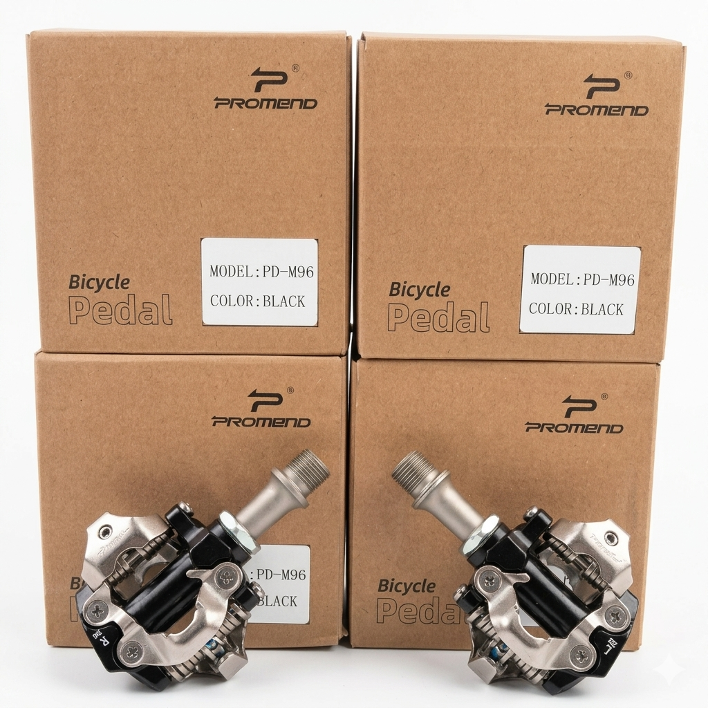 Front view of a pair of black and silver Promend PD-M96 clipless MTB pedals resting symmetrically in front of four stacked brown Promend retail boxes.