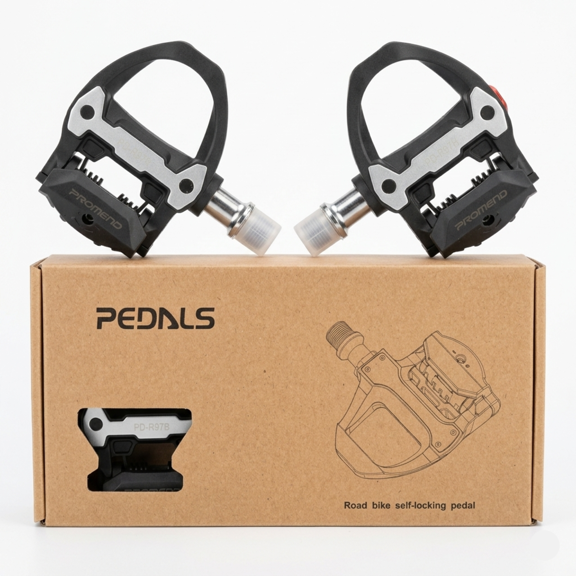 A pair of black Promend PD-R97B self-locking road bike pedals with silver metal wear plates resting on top of their original brown cardboard retail box.