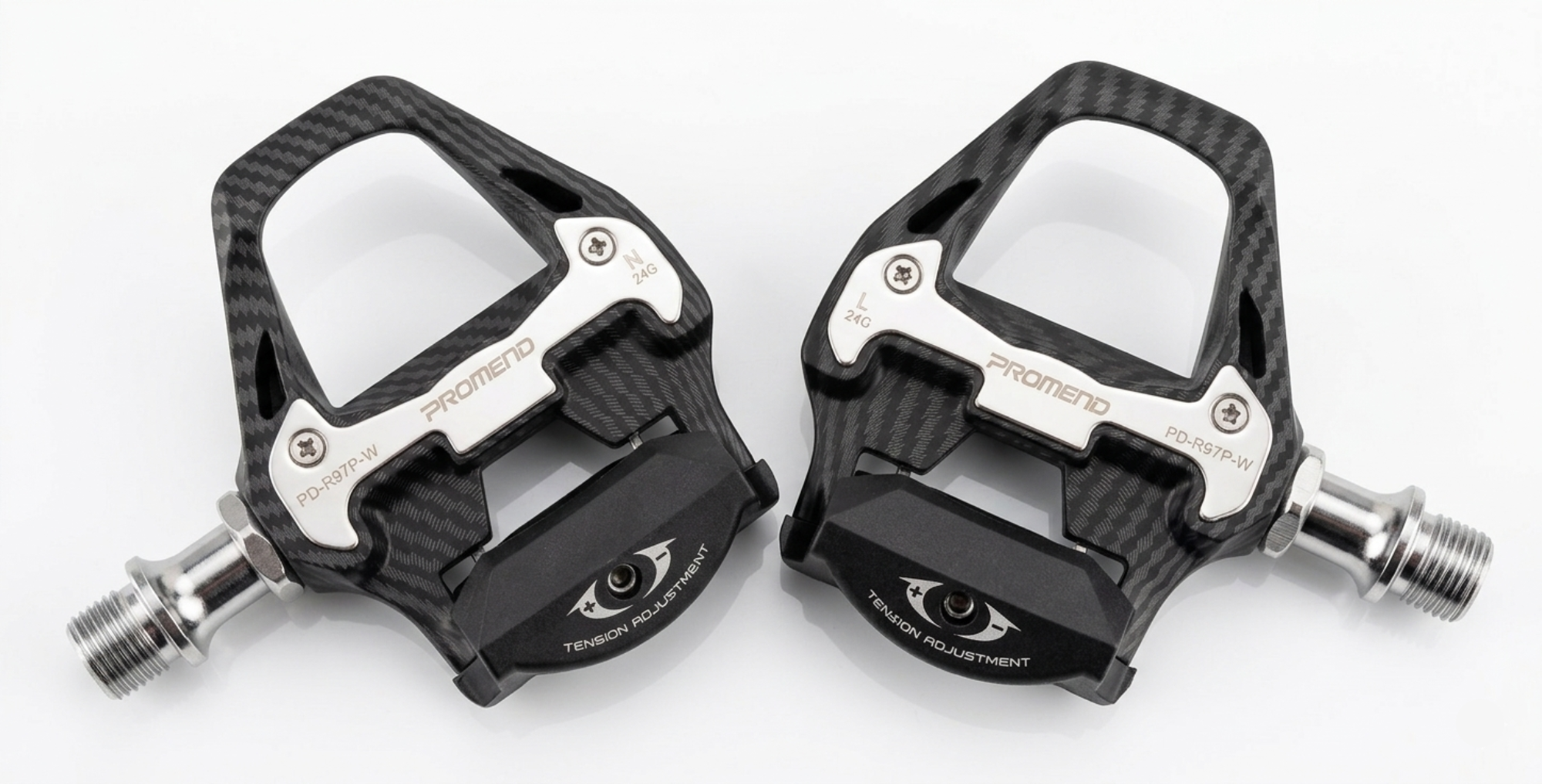 Detailed top-down close-up view of the Promend PD-R97P W road bike pedals on a white background, highlighting the carbon fiber texture finish and silver stainless steel wear plates.