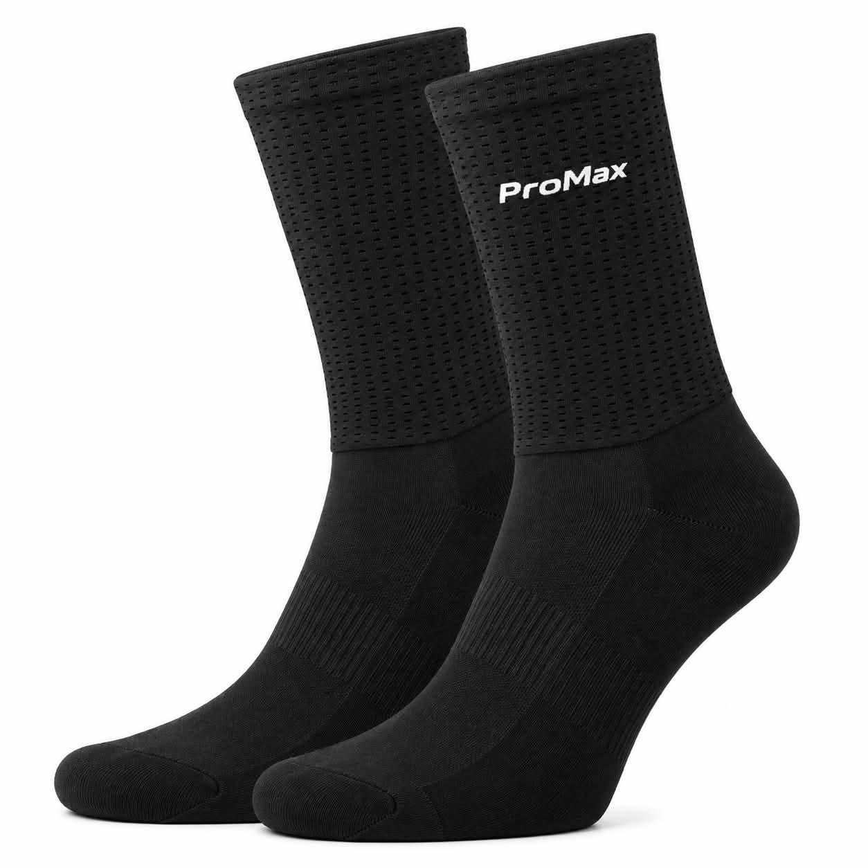 Pair of ProMax black aero cycling socks with white logo on a plain background.