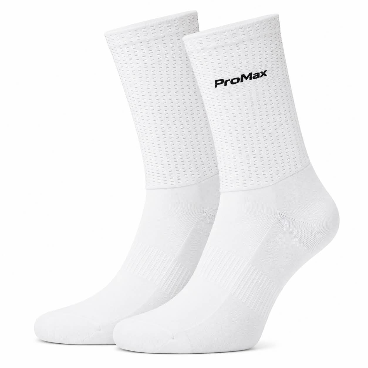 White ProMax aero cycling socks with ribbed cuffs and black logo.