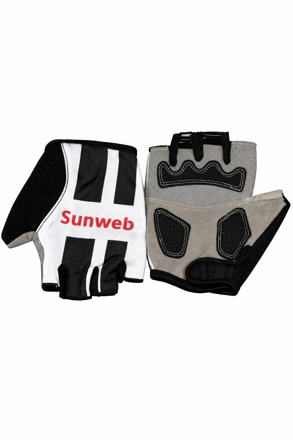 Sunweb-team-half-finger-cycling-gloves-showing-black-white-striped-back-and-grey-gel-padded-palm