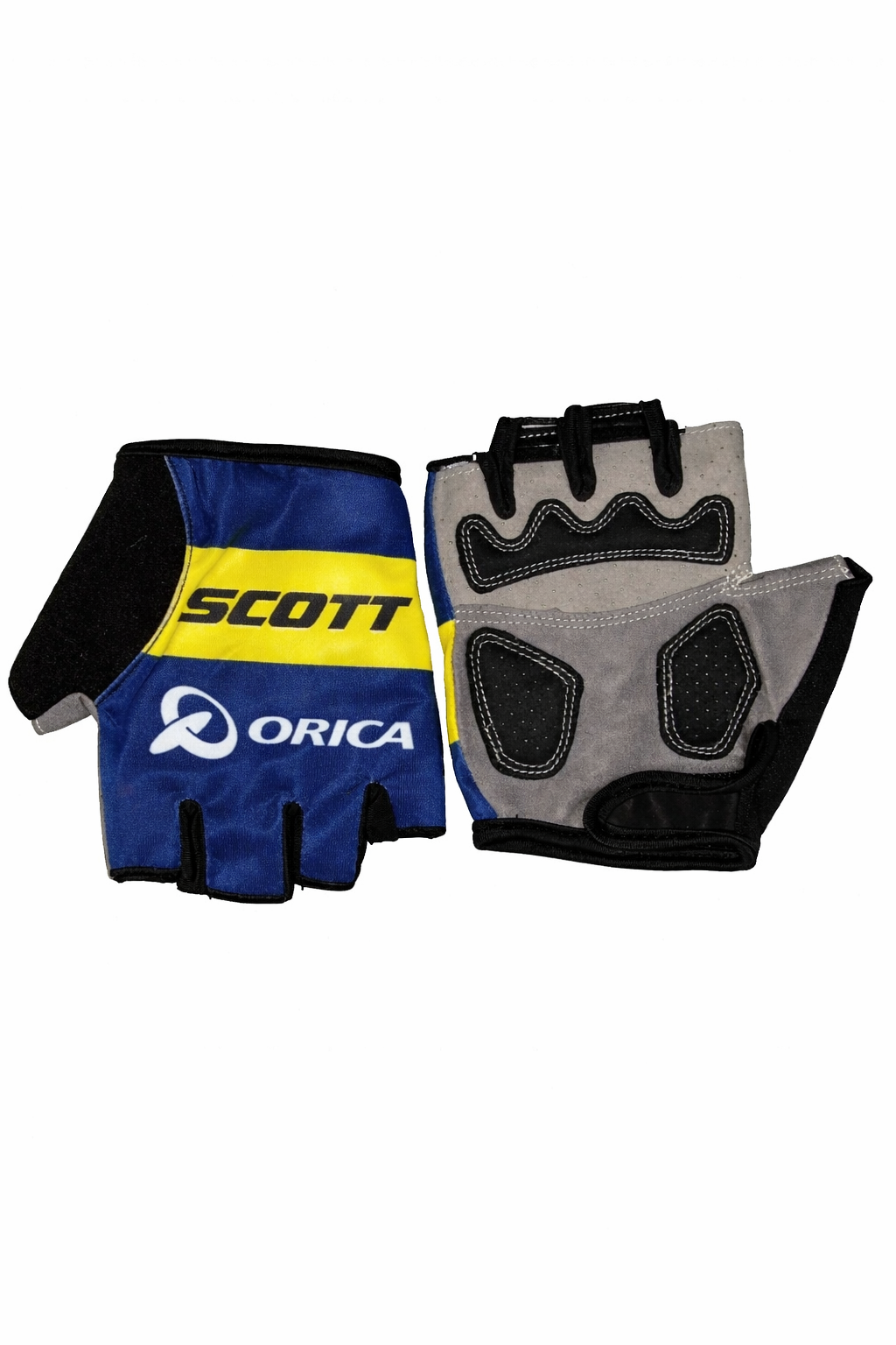 Scott-Orica-half-finger-cycling-gloves-showing-blue-yellow-team-design-and-grey-padded-palm