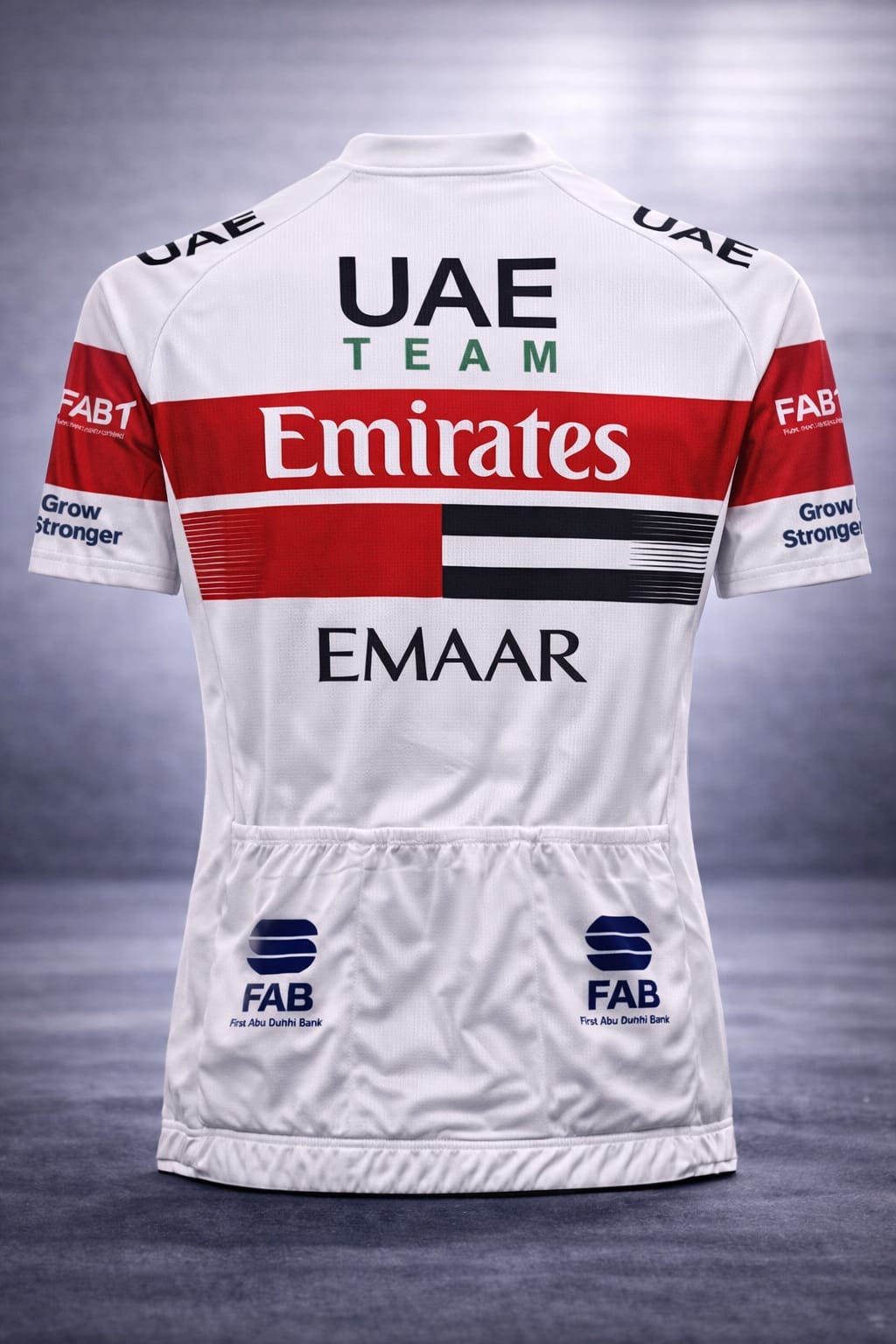 Back view of the UAE Team Emirates cycling jersey showing three elasticized rear storage pockets with FAB logos, a red sleeve panel, and large UAE Team Emirates graphics across the shoulders.