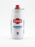 Elite Fly Team Alpecin-Deceuninck pro cycling water bottle in white with the red Alpecin logo, blue deceuninck text, and a red push-pull nozzle cap