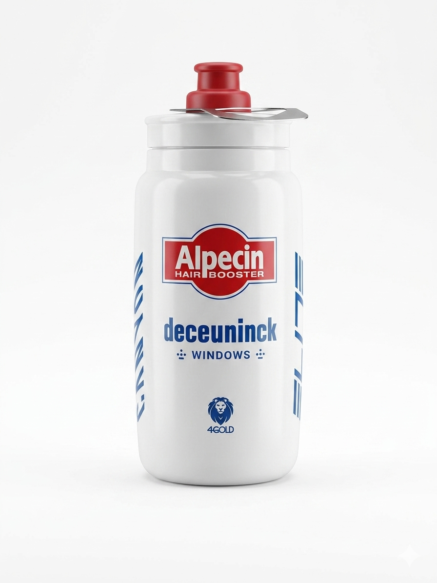 Elite Fly Team Alpecin-Deceuninck pro cycling water bottle in white with the red Alpecin logo, blue deceuninck text, and a red push-pull nozzle cap