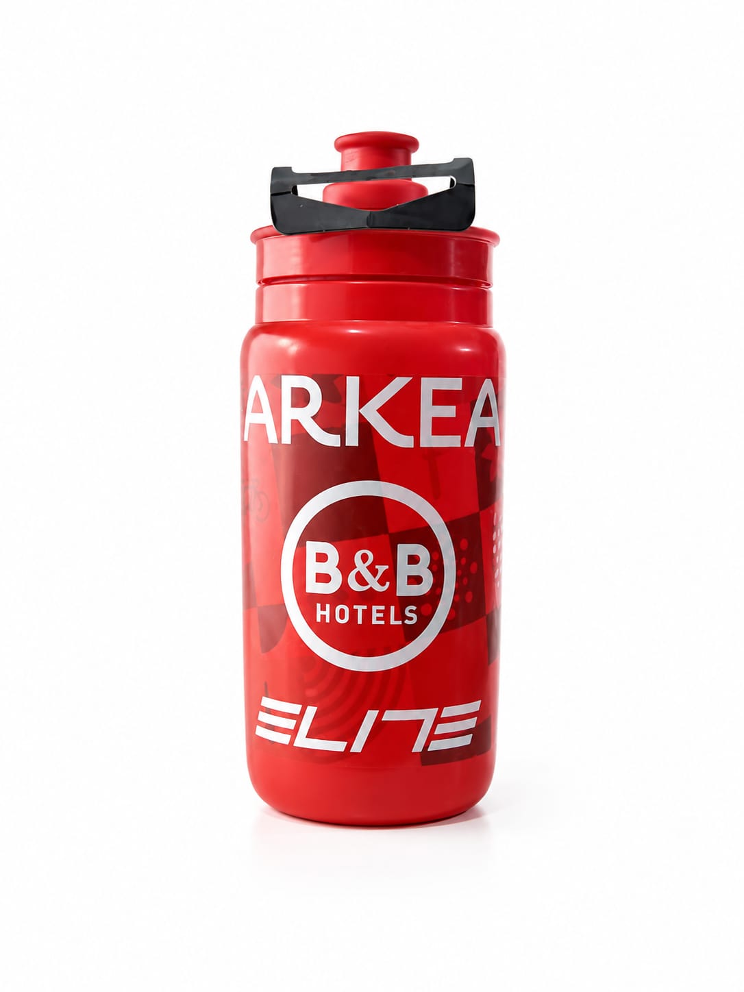 Elite Fly official Team Arkéa-B&B Hotels 550ml cycling water bottle in red, featuring white ARKEA and B&B Hotels logos, a red push-pull spout, and a black protective valve cap.