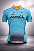 Front view of the light blue Astana Pro Team short sleeve cycling jersey featuring a full-length zipper, yellow collar, and sponsor logos including Giordana and Air Astana.