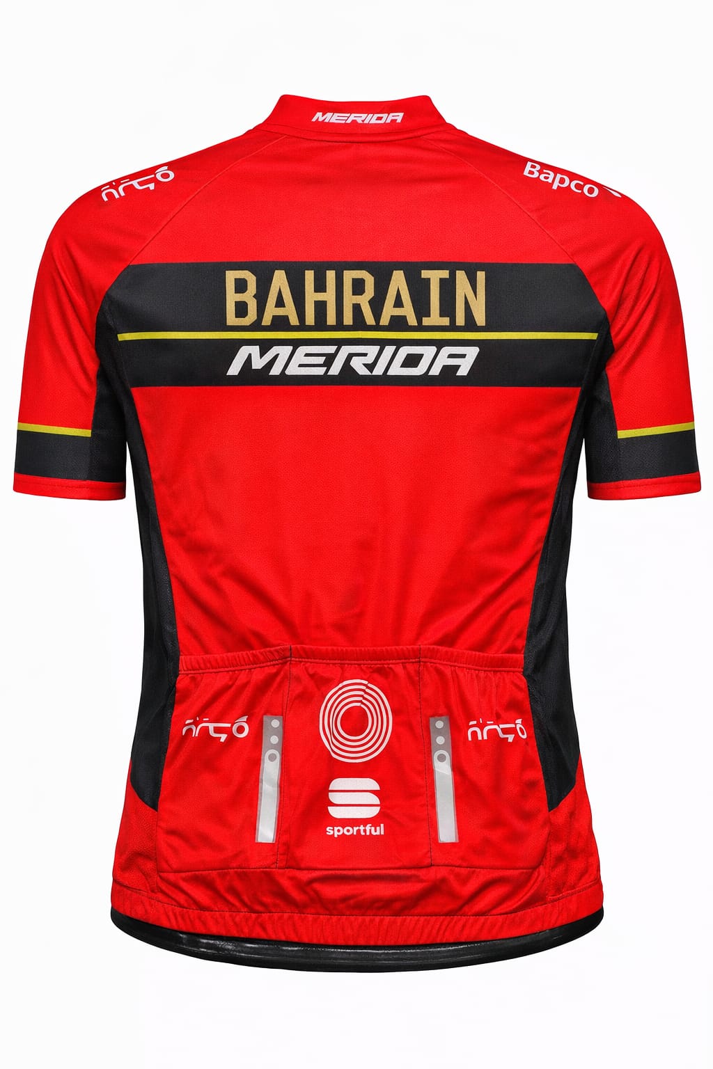 Back view of Bahrain Merida cycling jersey showing triple rear storage pockets with reflective elements and Sportful logo