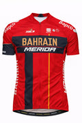 Front view of Bahrain Merida team replica short sleeve cycling jersey in crimson red and navy blue by Sportful