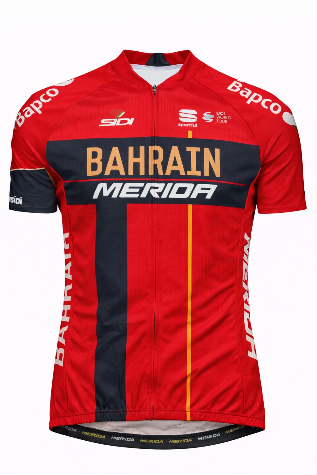 Front view of Bahrain Merida team replica short sleeve cycling jersey in crimson red and navy blue by Sportful