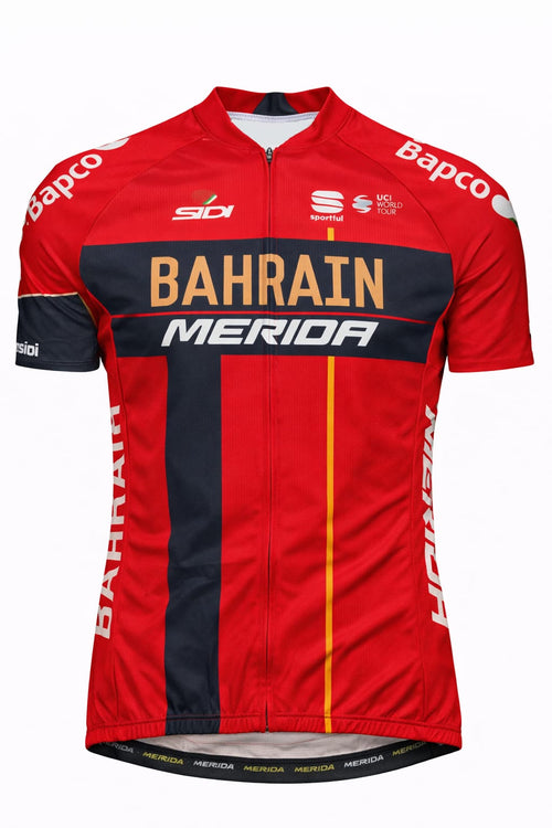 Front view of Bahrain Merida team replica short sleeve cycling jersey in crimson red and navy blue by Sportful
