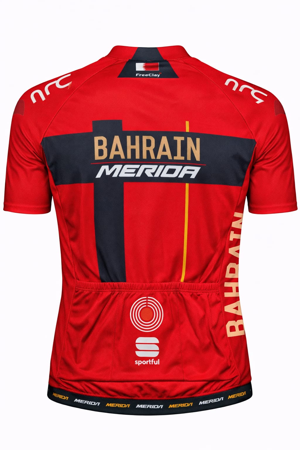 Back view of Bahrain Merida cycling jersey showing triple rear storage pockets and Sportful logo
