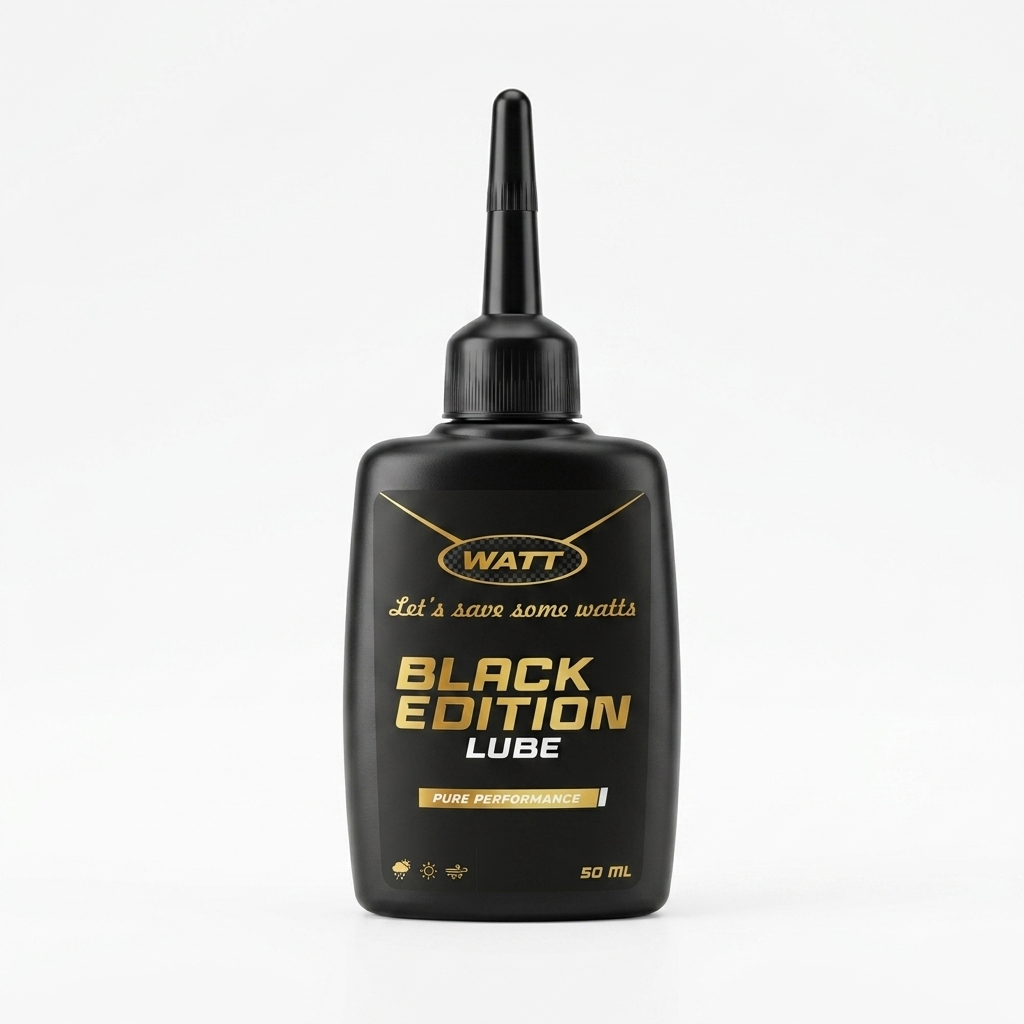 WATT Black Edition Lube 50ml bottle with gold lettering and precision applicator tip on white background