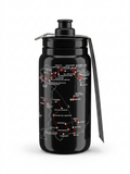 Elite Fly La Vuelta cycling water bottle in stealth black, featuring a highly detailed white and red official Spanish Grand Tour route map design with an all-black push-pull nozzle cap.