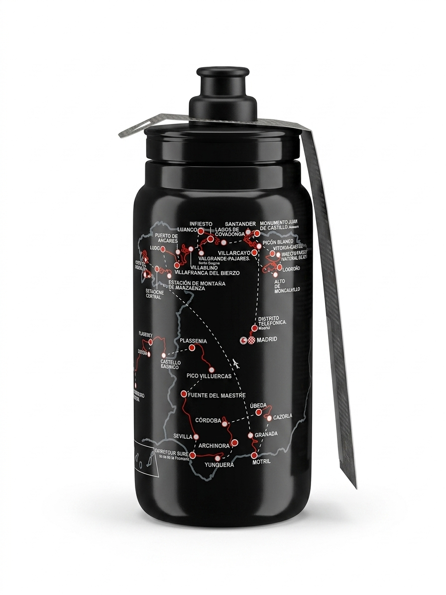 Elite Fly La Vuelta cycling water bottle in stealth black, featuring a highly detailed white and red official Spanish Grand Tour route map design with an all-black push-pull nozzle cap.