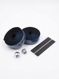 Premium steel blue and dark gray bicycle handlebar tape rolls with a textured micro-dot grid pattern as shown in image, displayed next to two metallic chrome bar end plugs and two black adhesive finishing strips on a clean white background.