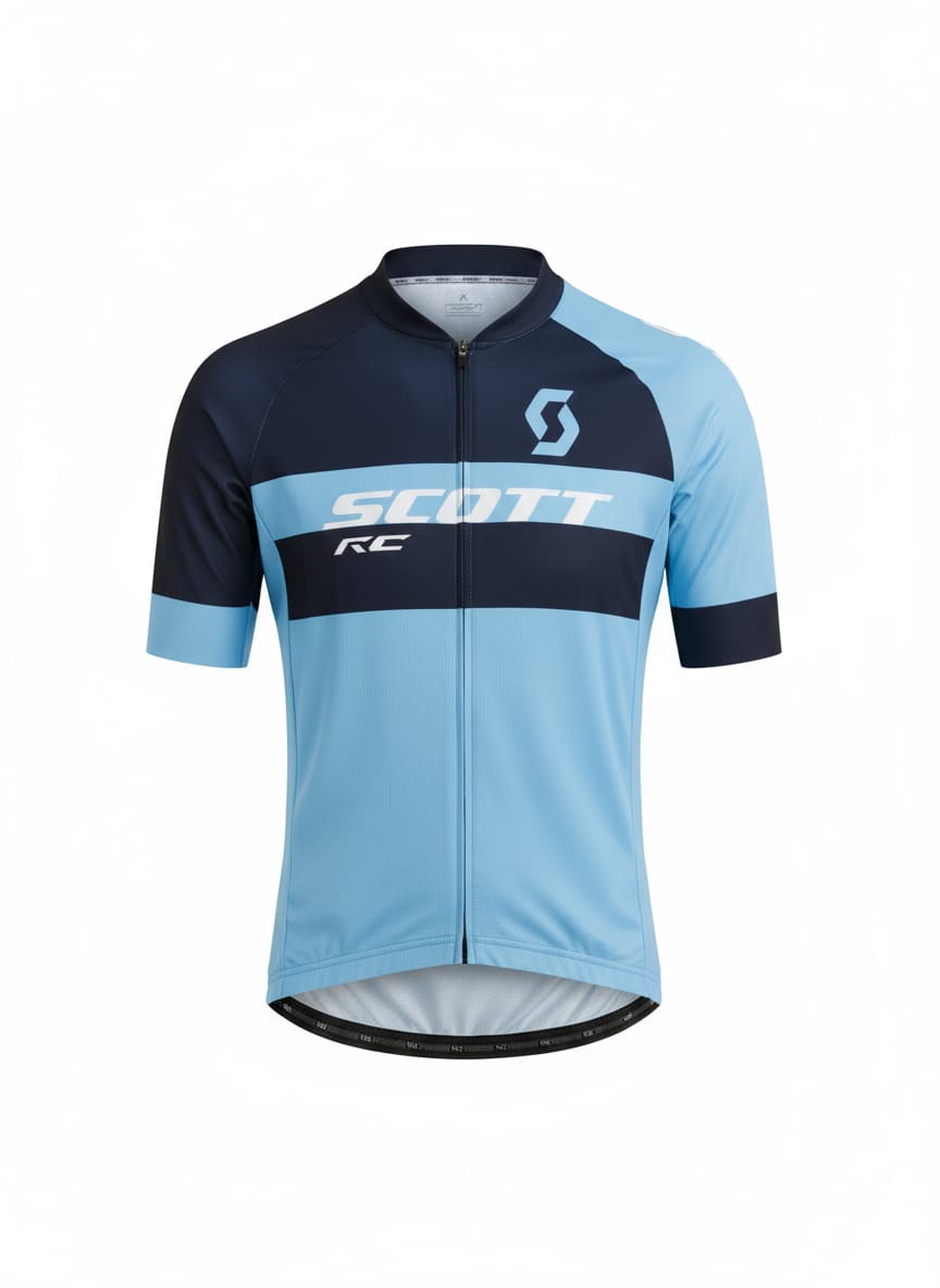 Front studio view of the SCOTT RC short-sleeve cycling jersey, featuring a light blue body with a navy blue chest band and right shoulder panel displaying the prominent white SCOTT logo.