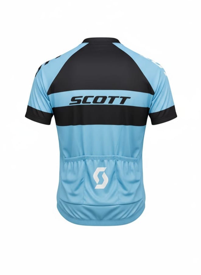 Rear studio view of the sky blue and navy SCOTT RC cycling jersey, showcasing the solid black upper yoke, central bold logo placement, and three lower elastic storage pockets.