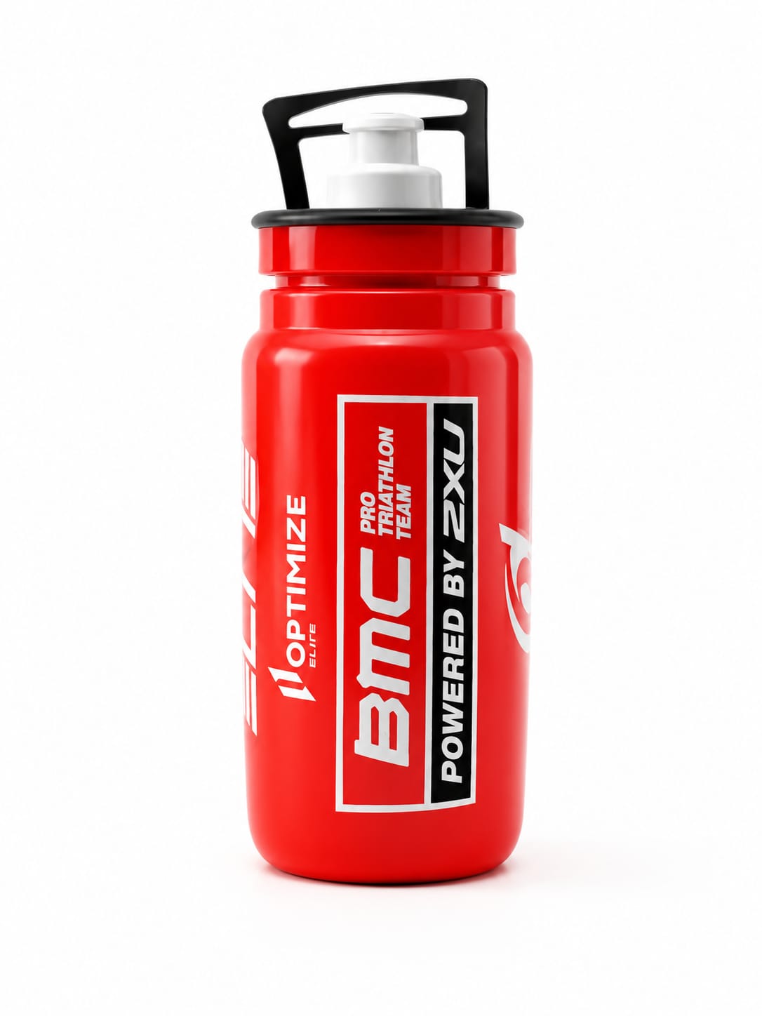 Elite Fly official BMC Pro Triathlon Team 550ml cycling water bottle in a bright red finish, featuring white BMC and 2XU text logos with a black protective cap over a white valve.