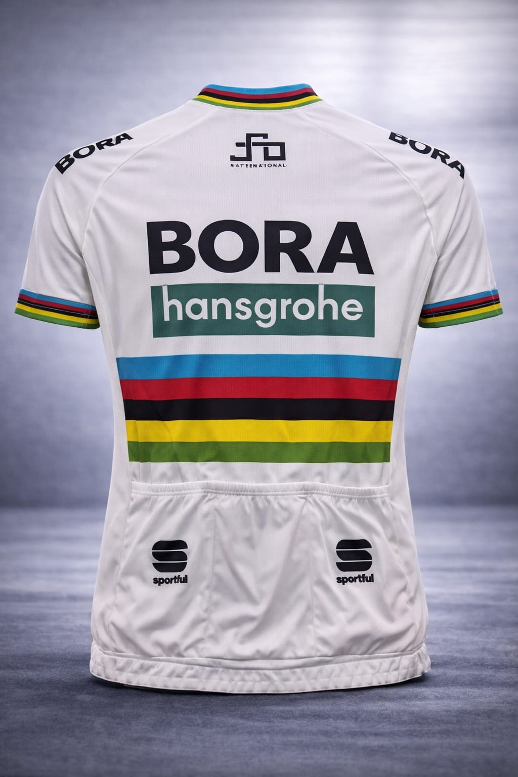 Back view of the white Bora-Hansgrohe cycling jersey showing three elastic rear storage pockets, Sportful logos, and a prominent black Bora Hansgrohe graphic below a rainbow band.