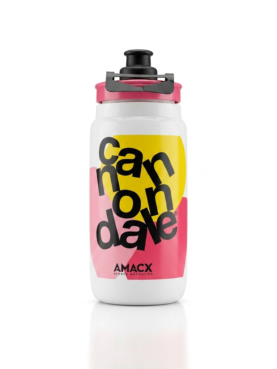 Elite Fly Team Intermarché-Wanty pro cycling water bottle in high-visibility neon yellow featuring the official dark green team crest, Intermarché Wanty logo, and a red Elite brand block.