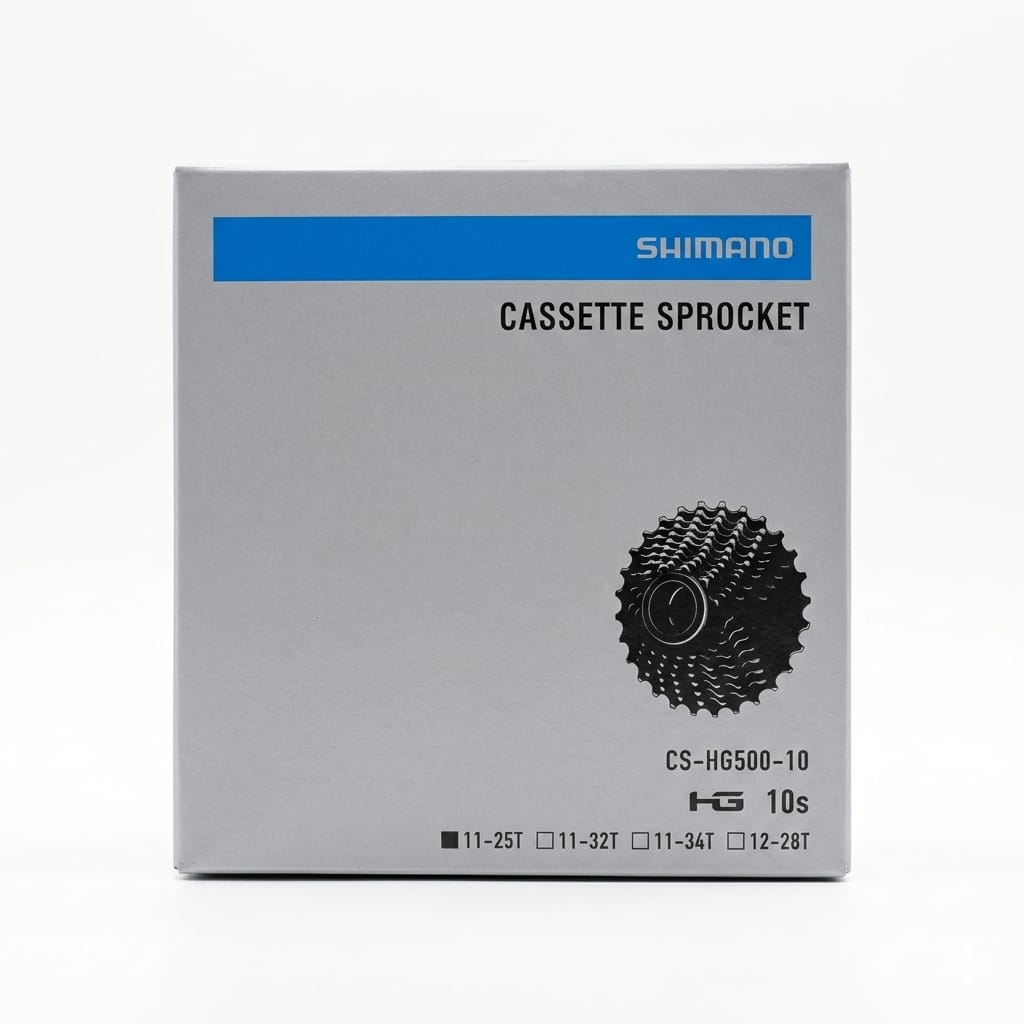 Shimano CS-HG500-10 10-speed cassette sprocket packaging with the 11-25T variant checked.