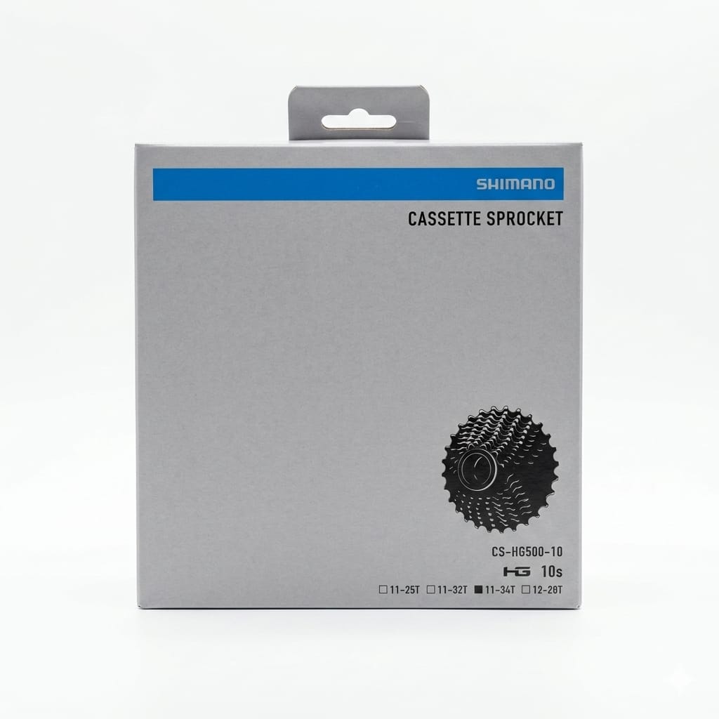 Shimano CS-HG500-10 10-speed cassette sprocket product box with 11-34T option selected.