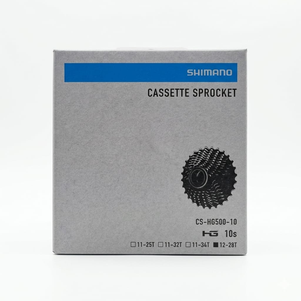 Shimano CS-HG500-10 10-speed cassette sprocket retail box with the 12-28T option marked.