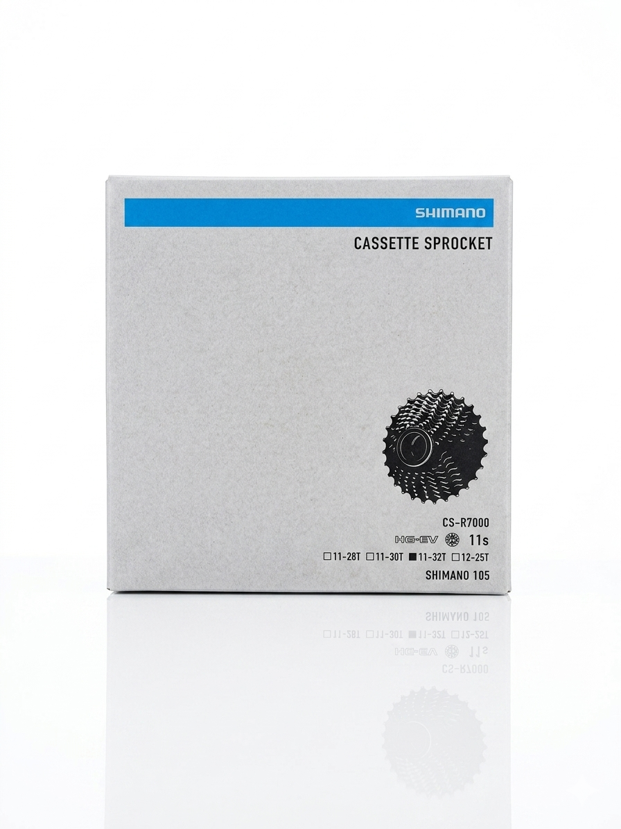 Front view of the silver and blue Shimano retail box packaging for the 105 CS-R7000 11-speed road bike cassette, with a black checkbox marked next to the 11-32T specification.