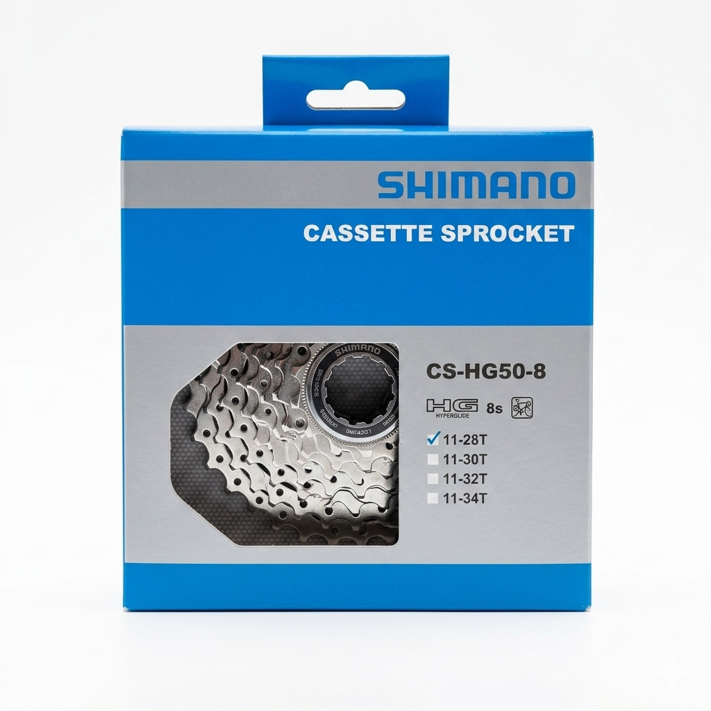 Front view of the blue and silver retail box packaging for the Shimano Claris CS-HG50-8 8-speed road cassette, showing the silver sprockets through a geometric cutout window and a checkmark marked next to the 11-28T ratio.