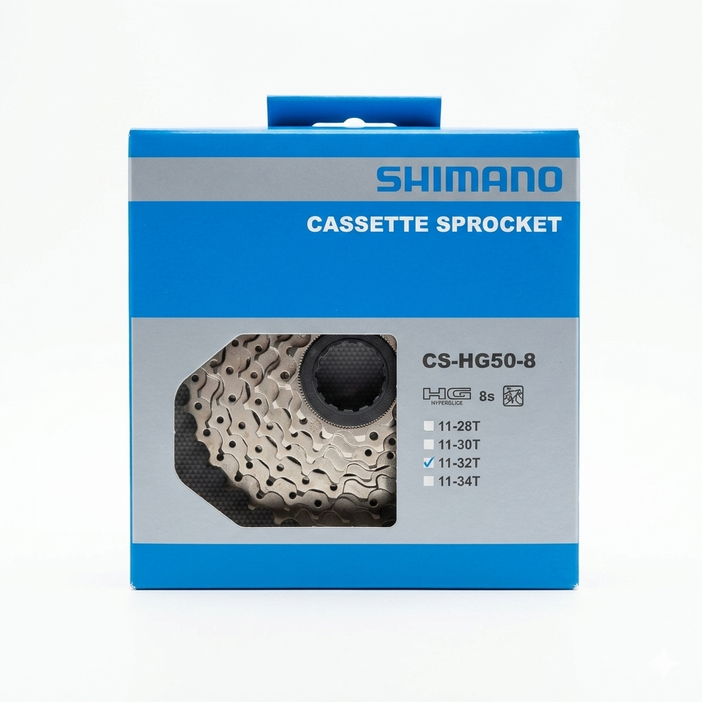 Front view of the blue and silver retail box packaging for the Shimano Claris CS-HG50-8 8-speed bicycle cassette sprocket, with the steel gears visible through the window display and a checkmark marked next to the 11-32T spec.