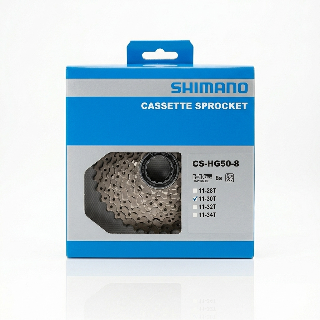 Front view of the blue and silver retail box packaging for the Shimano Claris CS-HG50-8 8-speed bike cassette sprocket, with the silver cassette mechanism visible through the clear display cutout and a checkmark marked next to the 11-30T spec.