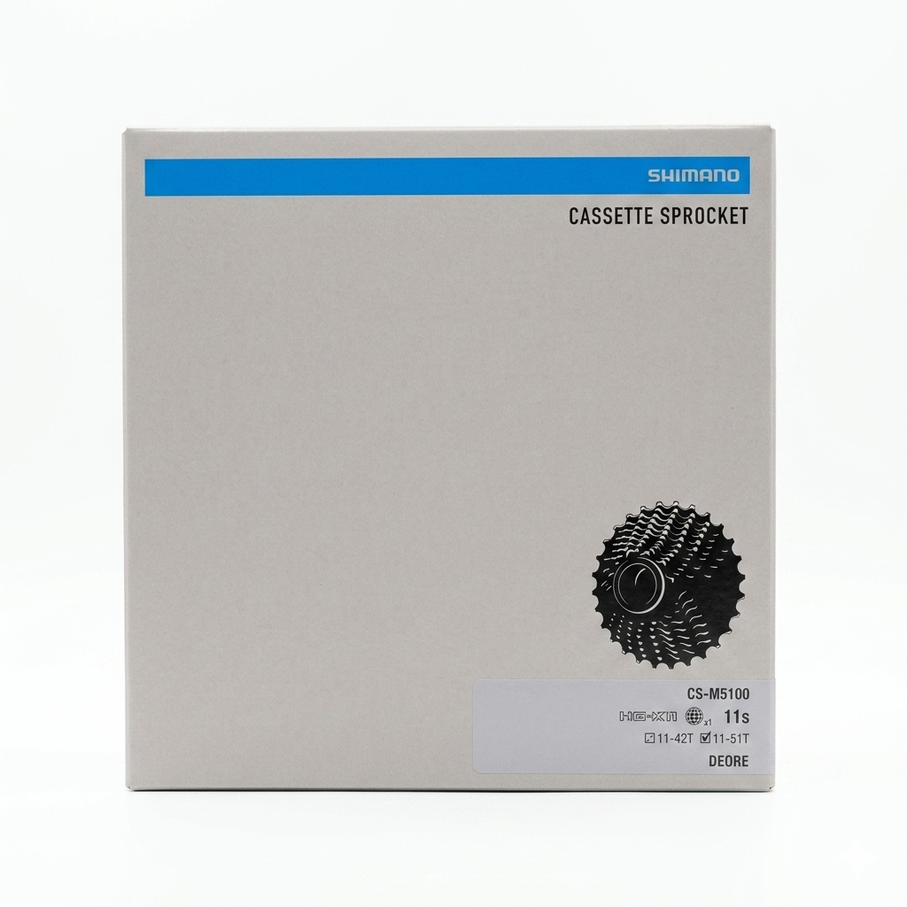 Front view of the silver and blue Shimano retail box packaging for the Deore CS-M5100 11-speed mountain bike cassette, showing a checkmark ticked next to the wide-range 11-51T specification.
