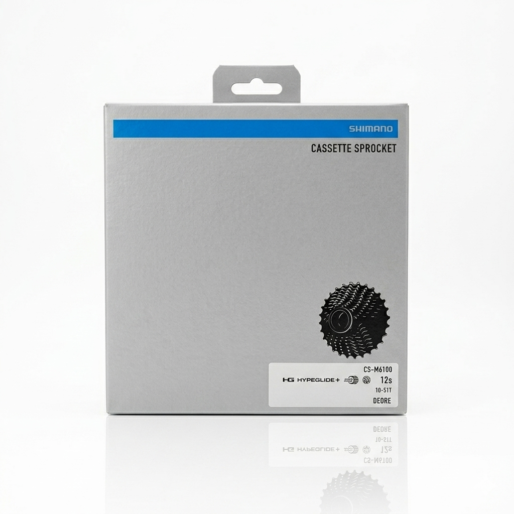 Front view of the silver and blue Shimano retail box packaging for the Deore CS-M6100 12-speed mountain bike cassette, with a clean white background and the 10-51T specification printed on the bottom right label.