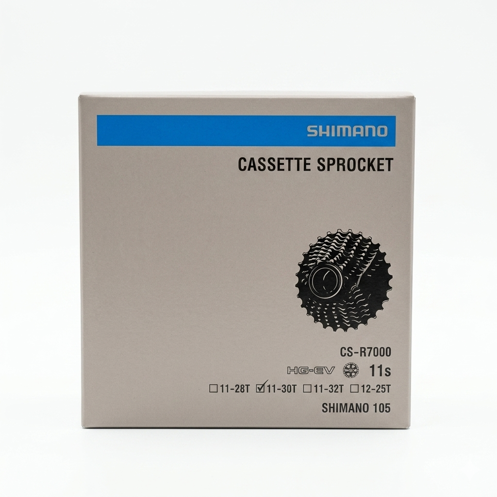 Front view of the cardboard-colored Shimano retail box packaging for the 105 CS-R7000 11-speed road bike cassette, with a black checkmark marked next to the 11-30T specification.
