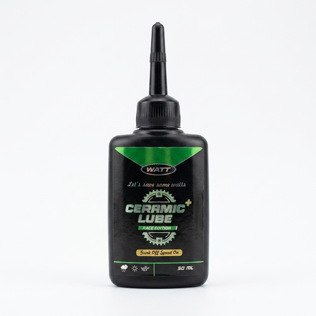 WATT Ceramic Plus Chain Lube Race Edition 50ml bottle with precision applicator tip on white background