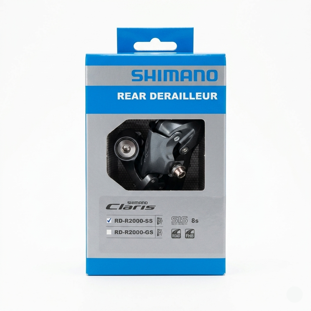 Shimano Claris RD-R2000-SS 8-speed short cage road bike rear derailleur inside its original blue and grey retail box with the model checked.