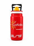 Elite Fly official Team Cofidis 550ml pro cycling water bottle in bold red, featuring the yellow and white Cofidis logo.